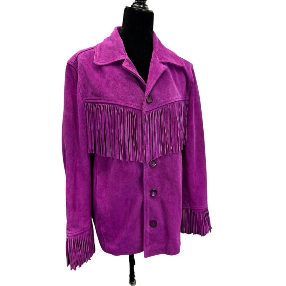 Nasty Gal Real Suede Fringe Jacket Orchid Pink Western Boho Oversized US 6 - Picture 5 of 13